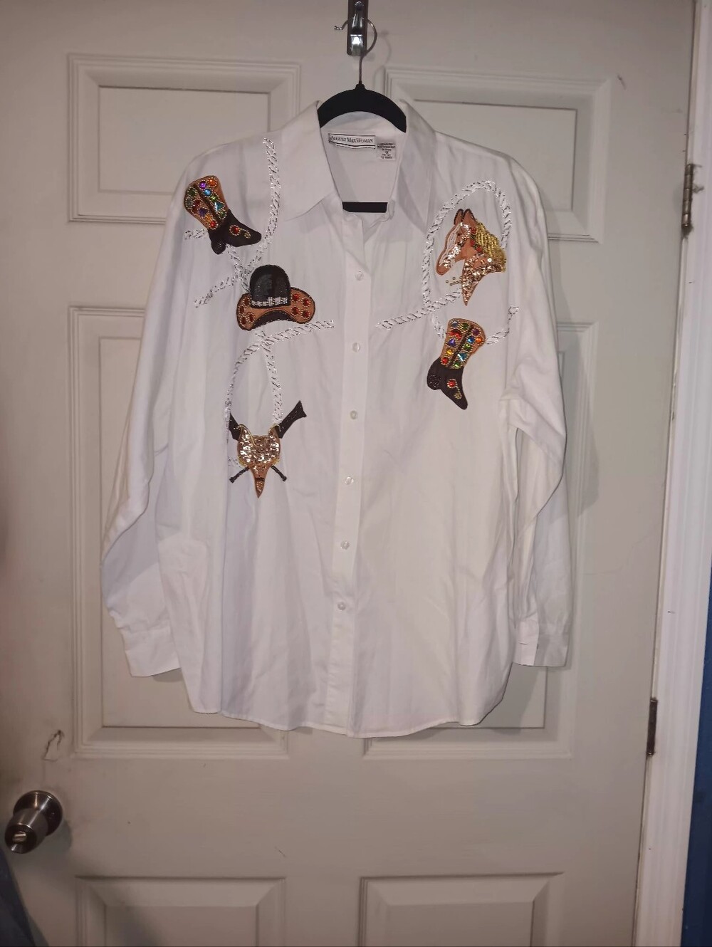 August Max Women Plus Sz 1X Off White Western Shirt Sequins Beads Horses Hats